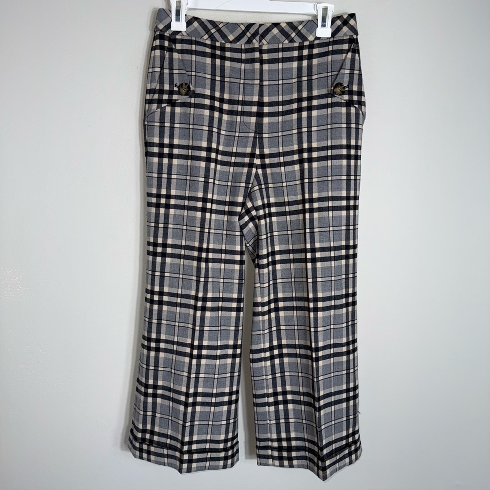 Pearl By Lela Rose Wide Leg Wool Blend Pants-Cuffed-Gray Black Plaid-Size 4 - Picture 2 of 9